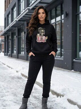 Women’s Black Graphic Hoodie Size M Skeleton Girl Coffee 31 Halloween Pullover